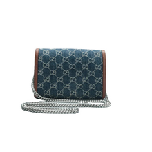 Load image into Gallery viewer, Gucci Mini Dionysus GG Monogram Dollar Calfskin Enamel Denim Chain Wallet Blue
