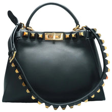 Load image into Gallery viewer, Fendi Peekaboo Iconic Vitello Seta Gold Studded Medium Satchel Black
