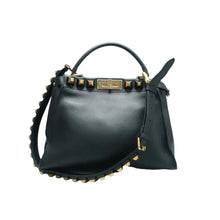 Load image into Gallery viewer, Fendi Peekaboo Iconic Vitello Seta Gold Studded Medium Satchel Black
