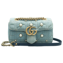 Load image into Gallery viewer, Gucci GG Marmont Denim Matelasse Pearl Studded Small Shoulder Bag Blue
