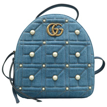 Load image into Gallery viewer, Gucci Dome Kura Denim Matelasse Cubic Pearl Studded GG Marmont Backpack Blue
