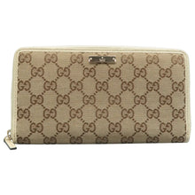 Load image into Gallery viewer, Gucci  Monogram Metal Bar Zip Around Wallet Beige
