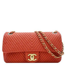 Load image into Gallery viewer, CHANEL Medallion Charm Flap Medium Wrinkled Chevron Leather Crossbody Bag Red
